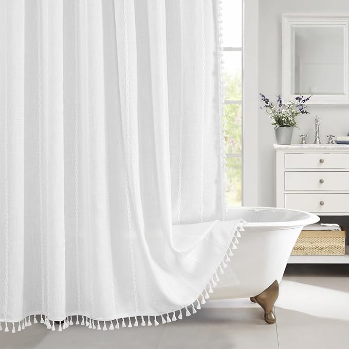 MitoVilla Boho Extra Long Shower Curtain 72 x 84, White Modern Farmhouse 84 inch XL Polyester Linen Texture Tassel Fabric Shower Curtain Set with Hooks for Cottagecore Country Bathroom Decor,White