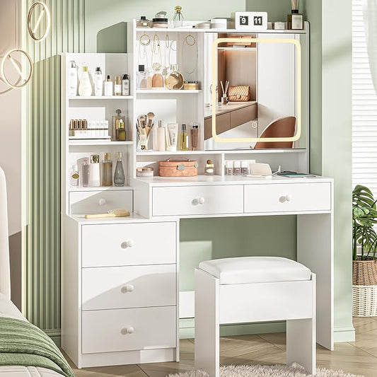 Vabches Makeup Vanity with LED Lights Mirror and Charging Station, Vanity Desk with Multiple Shelves and Drawers, Makeup Desk with Stool, Dressing Desk with 3 LED Light Models for Bedroom, White