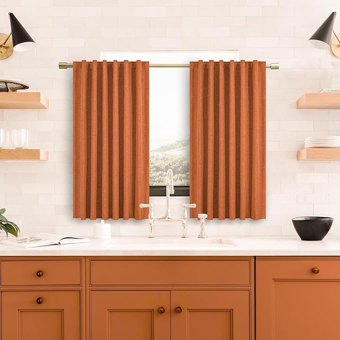 100% Blackout Kitchen Curtains Back Tab Rod Pocket Linen Curtain Burnt Orange Thermal Insulated Textured Short Black Out Curtains for Small Window 2 Panels Set 52Wx54L Terracotta
