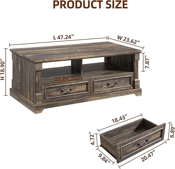 48'' Wood Coffee Table for Living Room, Farmhouse Coffee Table with Storage, Rustic Center Table for Living Room with 4 Drawers, Farmhouse & Industrial Cocktail Table for Home (Dark Rustic Oak)