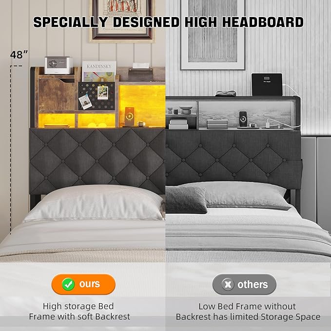 Queen Size Bed Framewith 4 Under-Bed Storage Drawers and LED Light, Queen Bed Frame with Upholstered Headboard and Charging Station,3-Tier Headboard and Hidden Storage Space,Gray