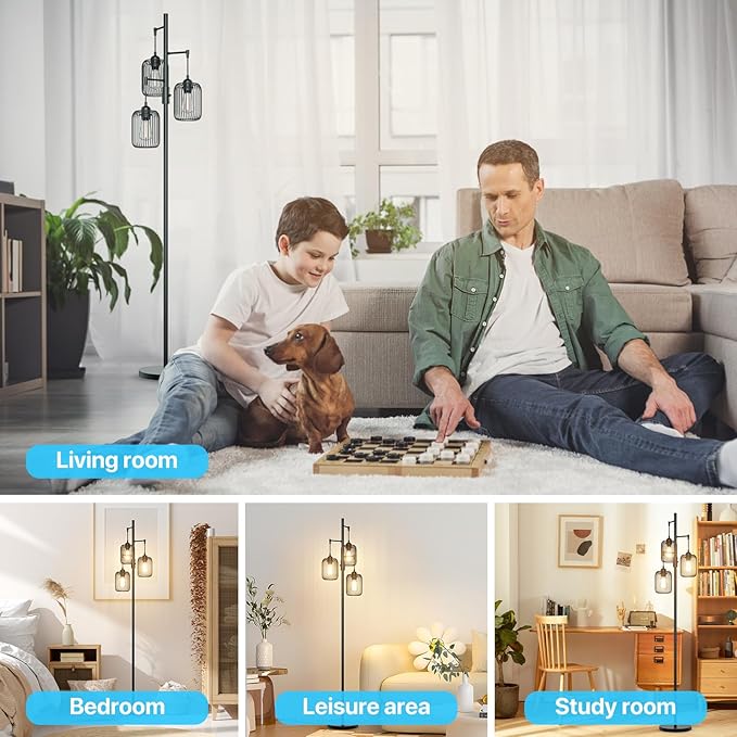 Floor Lamps for Living Room Dimmable Floor Lamp with Cage Shade 70'' Standing Lamps for Living Room Corner Floor Light with 3 LED Bulbs Rustic Floor Lamp for Bedroom Office Industrial Modern
