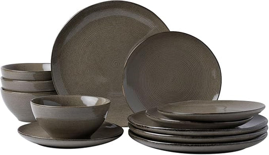 famiware Plates and Bowls Sets for 4, 12 Pieces Stoneware Dinnerware Sets, Dishes Set, Reactive Glaze Dishware Sets, Dishwasher & Microwave Safe, Tempus Series - Dark Olive