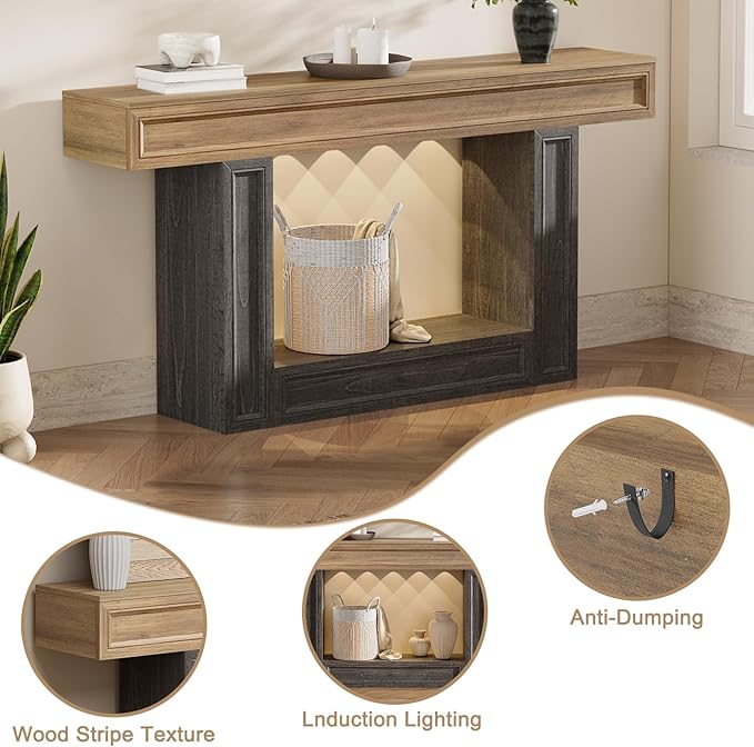 Rresyet 63" Console Table, 2-Tier Entryway Table with Sensor Lights, Coffee Table Behind The Sofa, with U-Shaped Base Suitable for Entryways, Living Rooms, Corridors, and Foyers(Wood)