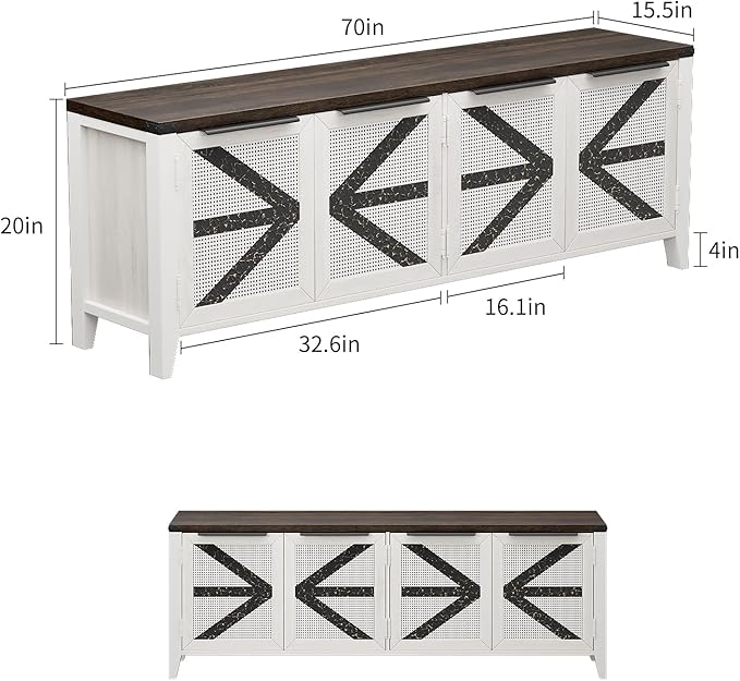 VFK 70 Inch Farmhouse TV Stand for 75 Inch TV, Rustic Entertainment Center with 4 Doors, Wood Media Console Cabinet with Storage, Living Room TV Cabinet