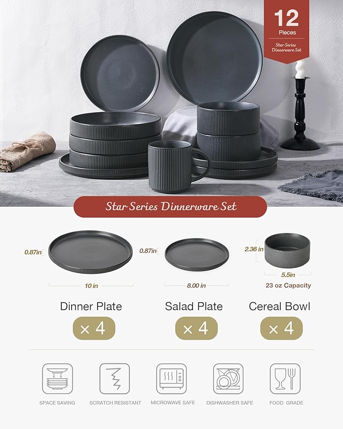 Famiware Star Dinnerware Sets, Plates and Bowls Set for 4, 12 Pieces Ribbed Dishes - Chip and Scratch Resistant, Microwave and Dishwasher Safe Tableware, Matte Dark Charcoal