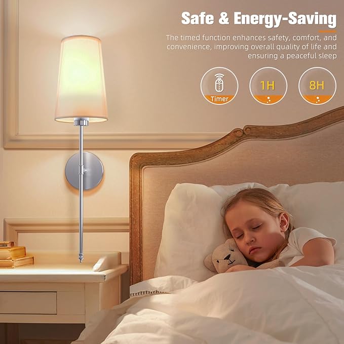 NIORSUN Brushed Nickel Battery Operated Wall Sconce Set of 2,Rechargeable Wall Lights with 5200mAh Dimmable Detachable Bulbs and Remote,9 Colors Wireless Sconces for Bedroom Living Room Hallway