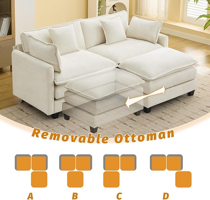 76'' Cloud Deep Seat Loveseat Sofa, Upholstered Chenille Modular 3-Seats Sectional Sofa Couch with Movable Ottoman, Modern Comfy Settee Loveseat for Living Room Set, Small Apartment, Beige
