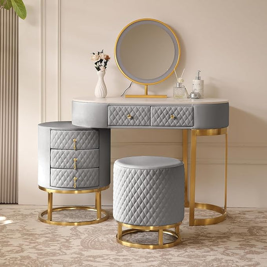 Faux Leather Makeup Vanity Desk Set with LED Lighted Mirror Luxury Dressing Makeup Table with Storage Drawers & Vanity Stool, Gray