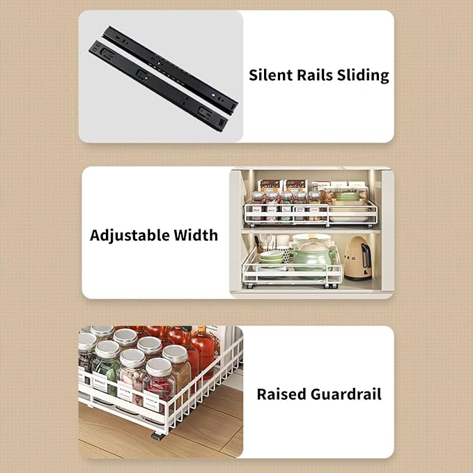 DREMAK Pull Out Cabinet Organizer, 2 Pack Expandable Pull out Drawers for Cabinets, Upgrade 3 Slide Rails Adhesive with Film No Drill, Adjustable Width 12.2"-20.1"