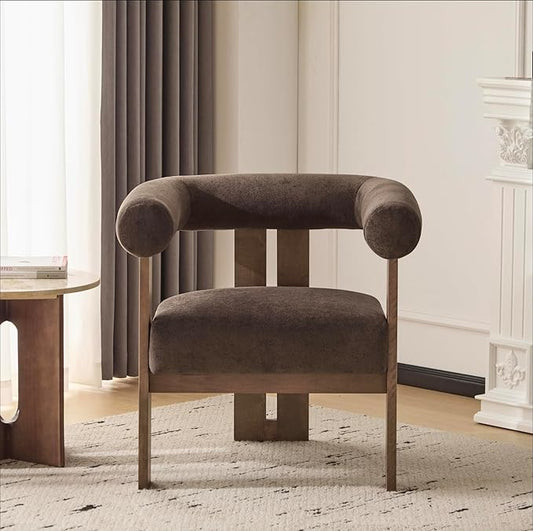 Christopher Knight Home Rones Modern Velvet Upholstered Accent Chair, Wooden Living Room Club Chair with Curved Backrest, Minimalist Bedroom Comfy Reading Chair, Thick Padded Seat, Dark Brown+Walnut