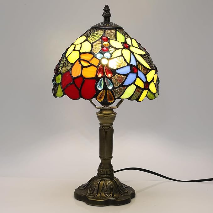 Tiffany Lamp Rose Flower Stained Glass Table Lamp for Bedroom,3 Colors Temperatures Nightstand Bedside LED Home Office Desk Lamp 8X8X14 Inch Tall Small Accent Table lamp for Living Room Hotel