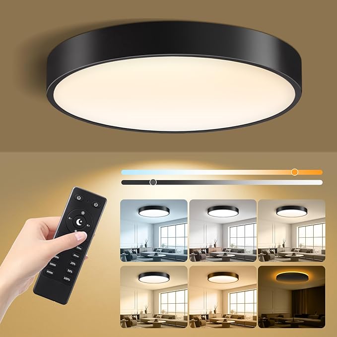 15 Inch Flush Mount Ceiling Light with Remote Control & Night Light, 5CCT Dimmable Ceiling Light Fixture, 35W 3500LM 2700K-6500K Adjustable LED Ceiling Lights for Bedroom Kitchen, Black