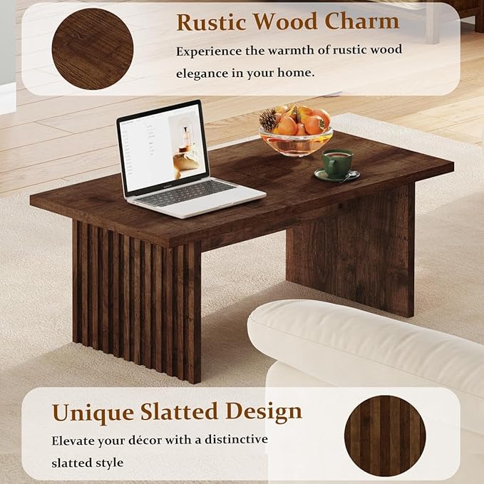 BON AUGURE Coffee Table for Living Room, Farmhouse Wood Center Table, Rectangle Mid-Century Living Room Tables, Unique Fluted Panel Coffee Tables (Rustic Oak, 43Inch)
