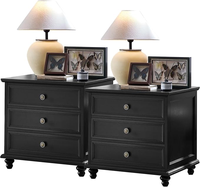 24" Wide Farmhouse Night Stand Set of 2,Large End Table with 3 Drawers & Metal Handle,Wood Dresser for Bedroom Cabinet, Bed Side Table Chest of Drawers,Nightstand for Living Room,Closet,Black