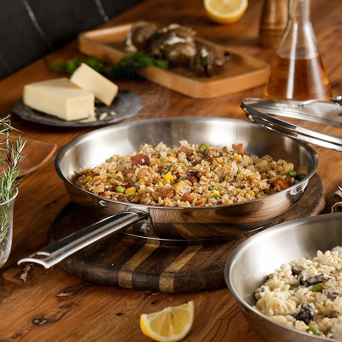 DELUXE Stainless Steel Frying Pan Set 4-Pieces, 10" and12 Skillet with Lid and Stay-Cool Handle, PFOA Free Stainless Steel Pan Suitable with Induction Gas Stoves, Dishwasher&Oven Safe