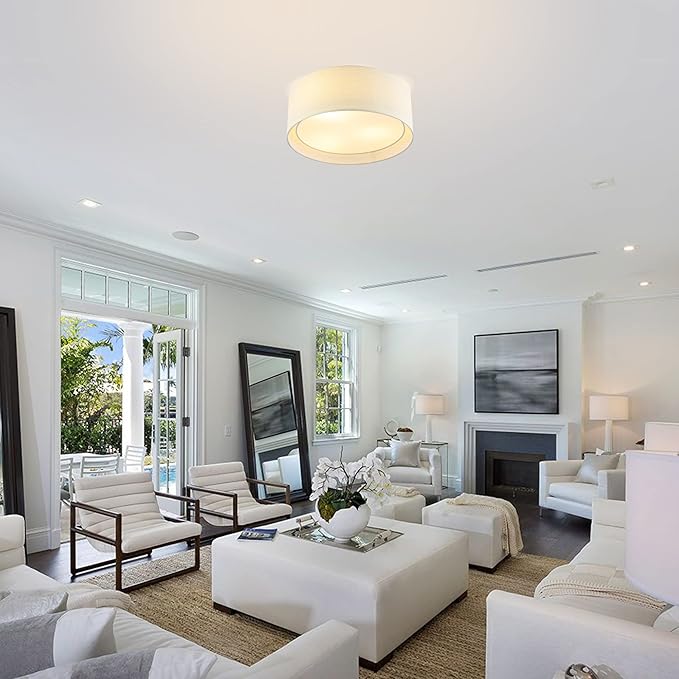 WINGBO 15.7" Modern 3-Light Flush Mount Ceiling Light Fixture with Fabric & Acrylic Double Drum Shade for Bedroom Living Room Dining Room Hallway Entryway, Beige