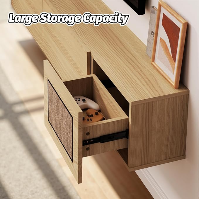 Pmnianhua Boho Floating TV Stand 55", Modern Wall Mounted Media Console with Cotton-Rayon Doors for Under TV Shelf,Entertainment Center,Living Room,Bedroom(Natural)