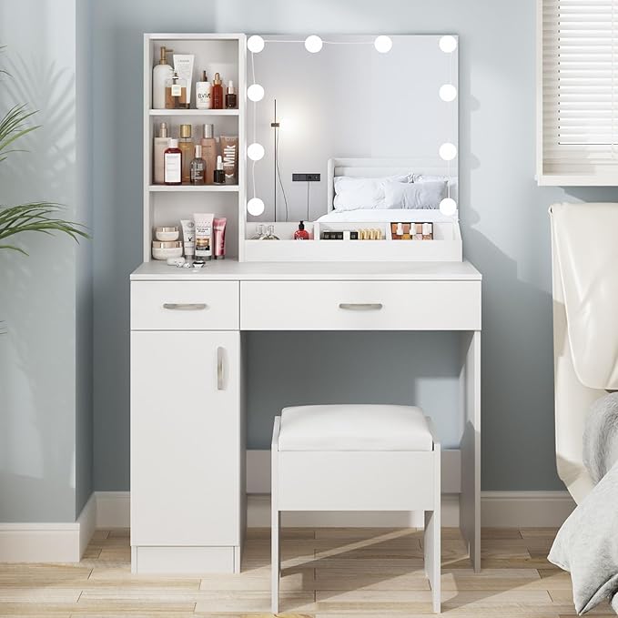 Fameill White Vanity Desk with Mirror and Lights,Makeup Vanity with 2 Drawers Lots Storage,Makeup Table with Lighted Mirror,3 Lighting Colors, Brightness Adjustable,35in(L)