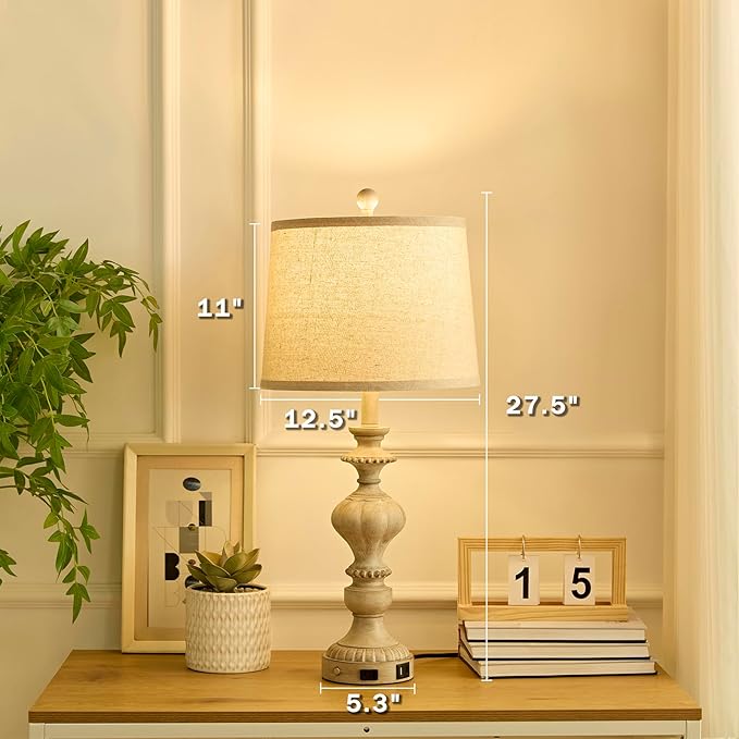 27.5" Farmhouse Table Lamps Set of 2 Bedside Nightstand Lamp with USB C+A Ports & AC Outlet, 3 Way Dimmable Touch Lamps for Bedroom Living Room Office Rustic Lamp (Gray)