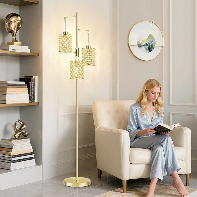 GyroVu Morden Gold Crystal Floor Lamps for Living Room, 3-Light Standing Tall Lamp with Elegant K9 Crystal Shade & Rotary Switch, Modern Corner Floor Lamp for, Bedroom, Home Office, Reading