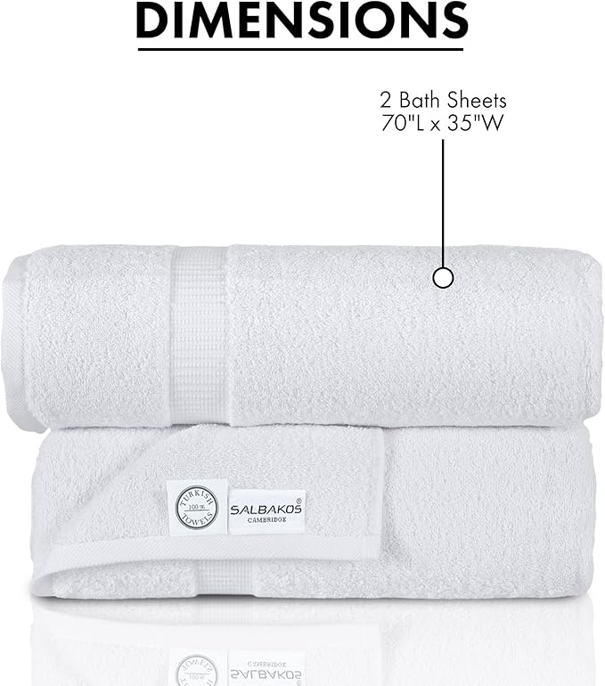 SALBAKOS 100% Turkish Cotton Extra Large Bath Sheet Set of 2 35x70 inch | Heirloom Quality | Hotel & Spa Collection |Soft, Absorbent Oversize Bath Towels | Made in Turkey (White, 2 Bath Sheets)