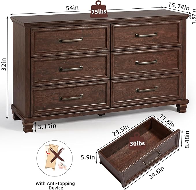Farmhouse Wood 6 Drawer Dresser Set of 2, 54 inch Wide Large Vintage Chest of Drawers for Bedroom, Rustic Dressers TV Stand with Square Solid Wooden Legs for Living Room, Hallway, Walnut