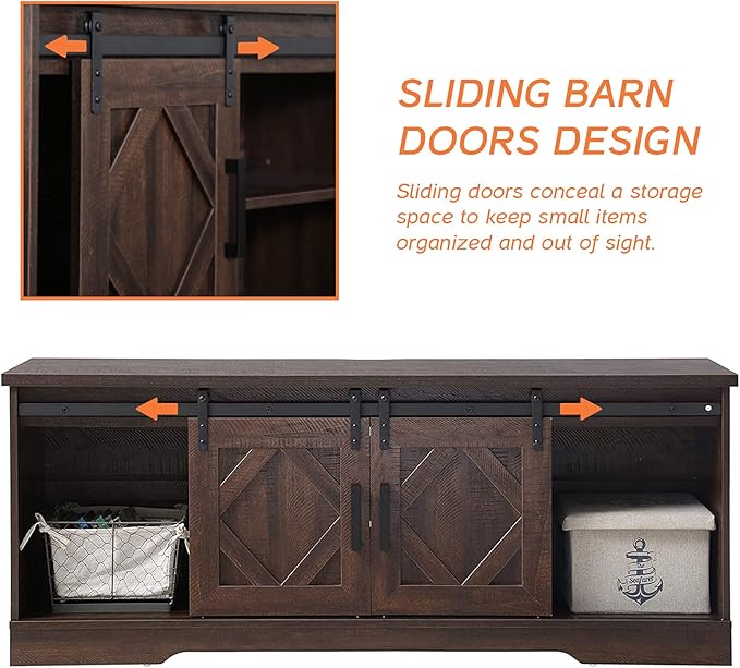 WAMPAT Modern Farmhouse TV Stand for TVs up to 65 inch with Sliding Barn Door,Wood Entertainment Center with Adjustable Media Storage Shelf for Living Room, Rustic Brown