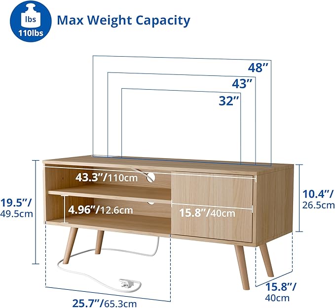 Cozy Castle TV Stand for 48 Inch TV, Mid Century Modern Entertainment Center with Storage Cabinet, TV Media Console with Charging Station for Living Room, Bedroom, Oak
