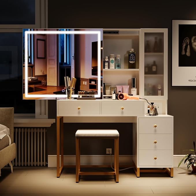 Vanity Set with Lighted Mirror and Charging Station, Extra Large Mirror Makeup Vanity Table with Cushioned Stool,5 Drawers, Modern Vanity Table with Nightstand