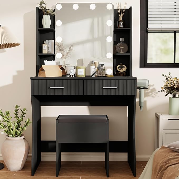 Black Vanity, Small Vanity Desk with Mirror and Lights, Makeup Vanity Desk with 3 Color Modes Adjustable Bulb, 2 Large Drawers and 4 Open Storage Shelves, Vanity with Chair for Bedroom