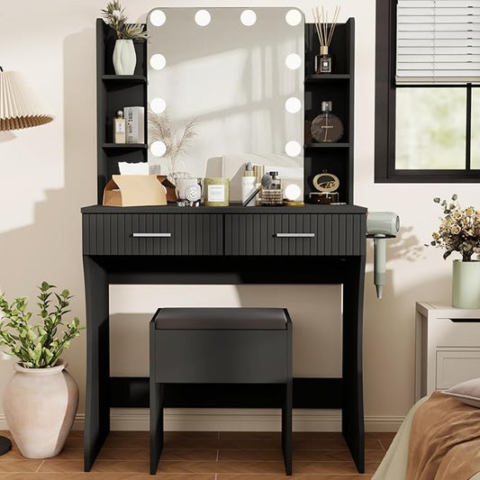 Black Vanity, Small Vanity Desk with Mirror and Lights, Makeup Vanity Desk with 3 Color Modes Adjustable Bulb, 2 Large Drawers and 4 Open Storage Shelves, Vanity with Chair for Bedroom