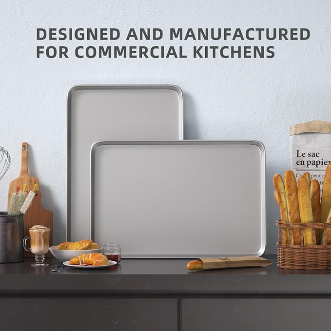 CROSSON 16× 24 Inch Cookie Sheet Pans Set of 3-Baking Tray Jelly Roll Pan Set Commercial Grade Aluminum Coated Statinless Steel Bun Pan for Oven,Freezer,Bakery Hotel Restaurant