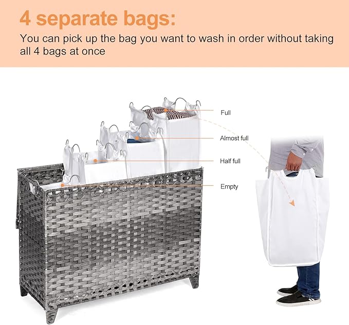 Laundry Hamper with 4 Removable Liner Bags; 176L Handwoven Rattan Laundry Basket with Lid & Heightened Feet; Clothes Hamper with Side Handles(Gray)