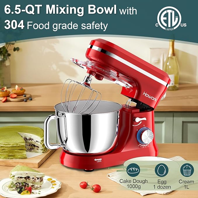 HOWORK Electric Stand Mixer,10+p Speeds With 6.5QT Stainless Steel Bowl,Dough Hook, Wire Whip & Beater,for Most Home Cooks,Bright Red