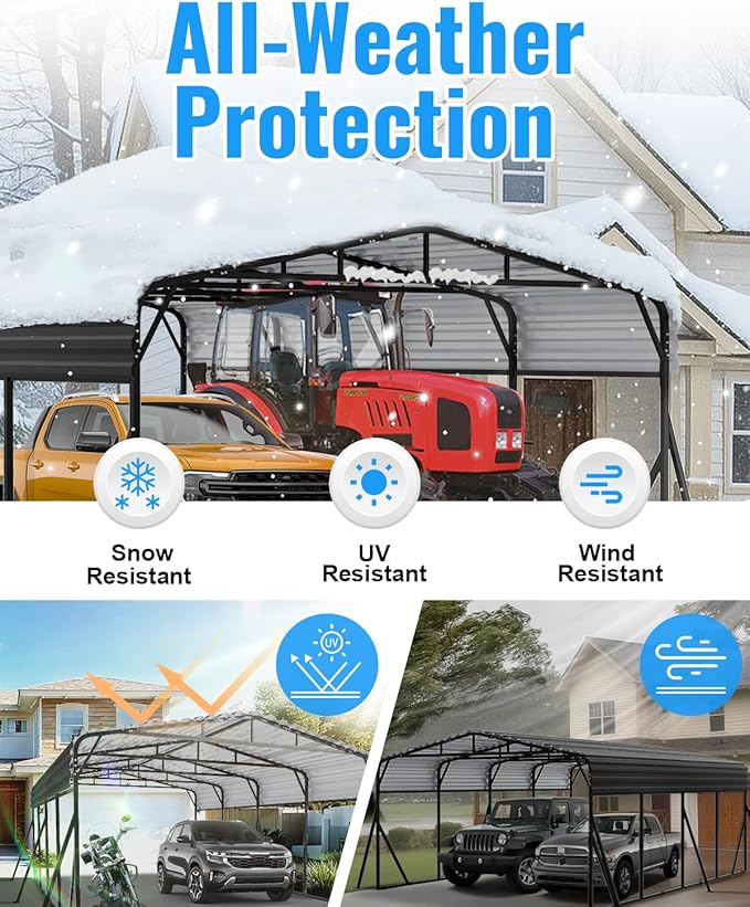12x25FT Metal Carport, Extended Heavy Duty Carport with Reinforced Frame & Side Support Poles for All-Weather, Large Outdoor Car Port for Pickup Trucks, Boats, Cars & Tractors