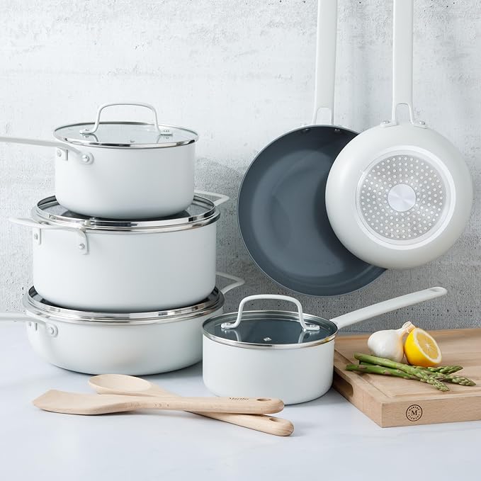 Martha Stewart Emmeline Premium Nonstick PFA Free Ceramic Interior 12 Piece Heavy Gauge Enamel Aluminum Pots and Pans Cookware Set - Linen White