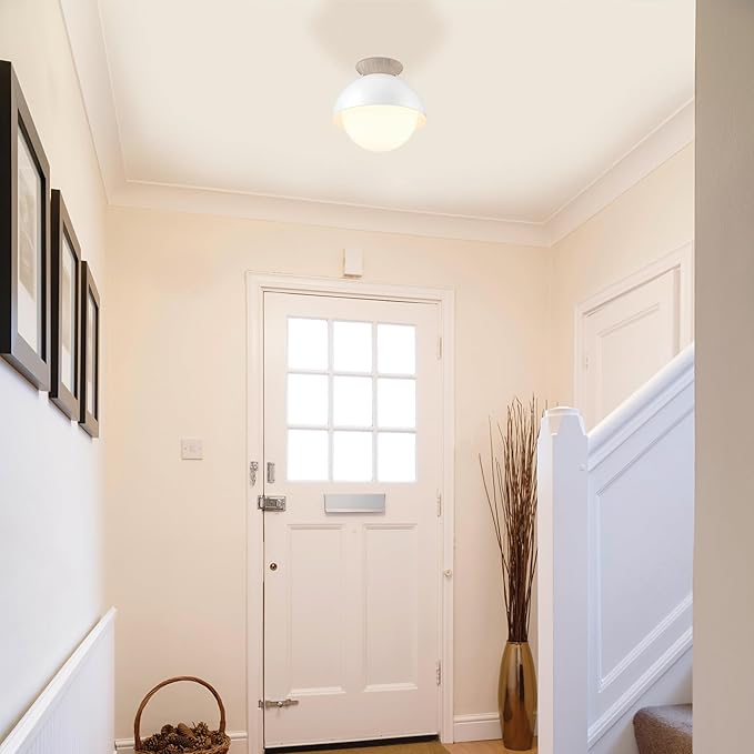 GLOBE Electric Oswald 1-Light Flush Mount, Matte White, Faux Wood Accent Canopy, Frosted Glass Shade, Bulb Not Included