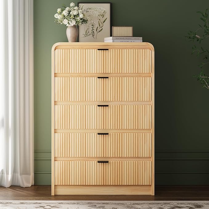 FURSUN Fluted 5 Drawers Dresser for Bedroom, 48" Tall Wooden Modern Dresser with Metal Handle, Curved Profile Design, Storage Organizer for Living Room, Hallway (Natural Oak)