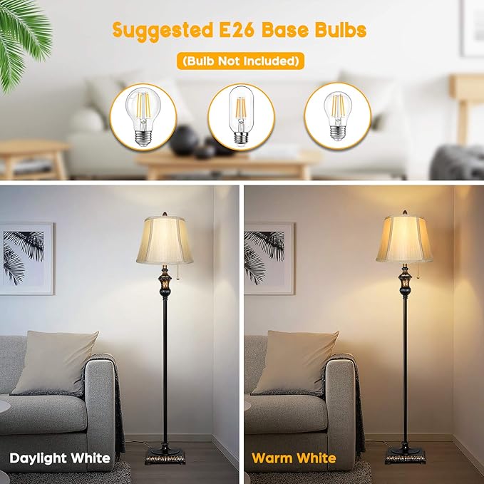 TOBUSA Traditional Floor Lamp, Classic Standing Lamp with Bronze Fabric Shade, Vintage Elegant Tall Pole Lamp for Living Room Bedroom Office Reading, Rustic Upright Floor Lights, Pull Chain Switch