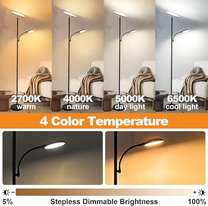 Floor Lamps for Living Room, 44W/4500LM Super Bright 2 in 1 LED Floor Lamp with Remote, Stepless Dimmable, 69" Tall Standing Floor Lamp with Bendable Reading Light for Bedroom Office