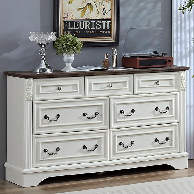 BLANKSPACE Antique White Dresser for Bedroom, Farmhouse 7 Chest of Drawers Cabinet Organizer with Carved Design