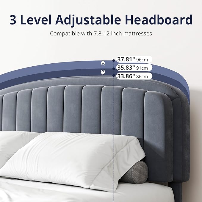 Cozy Castle King Size Bed Frame, Upholstered Platform Bed with Velvet Adjustable Curved Headboard, Mattress Foundation with Strong Wooden Slats, No Box Spring Needed, Easy Assembly, Gray