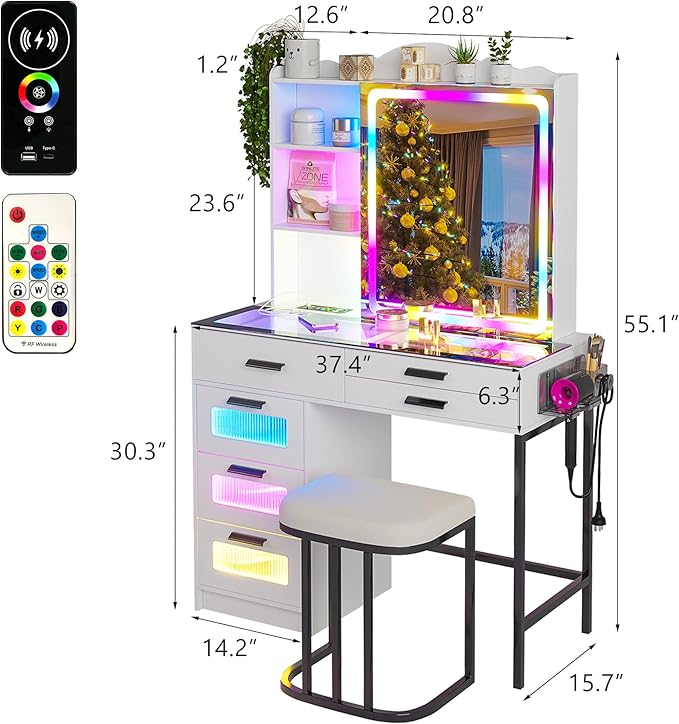 HENBC Vanity Desk with Sliding Mirror and Glass Desktop, LED Vanitys Mirror with RGB Lights Desk and Chair, Dressers Table Set with Charging Station/Makeup Organizer/6 Drawers for Bedroom(White)