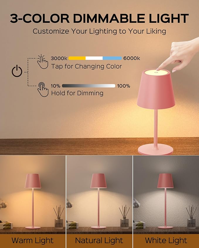 Cordless Table Lamps Rechargeable, 3 Adjustable Height, 5000mAh Battery Operated, 3 Colors Smooth Dimming, Portable LED Waterproof Table Lamp for Dining, Bedroom, Outdoor (2 Pack-Girly Pink)