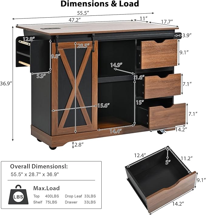 55.5" Farmhouse Kitchen Island Storage Cart with Drop Leaf, Sliding Barn Door, Power Outlet, Spice Rack & 3 Drawers, Rolling Kitchen Cart on Wheels for Kitchen, Dining Room, Black