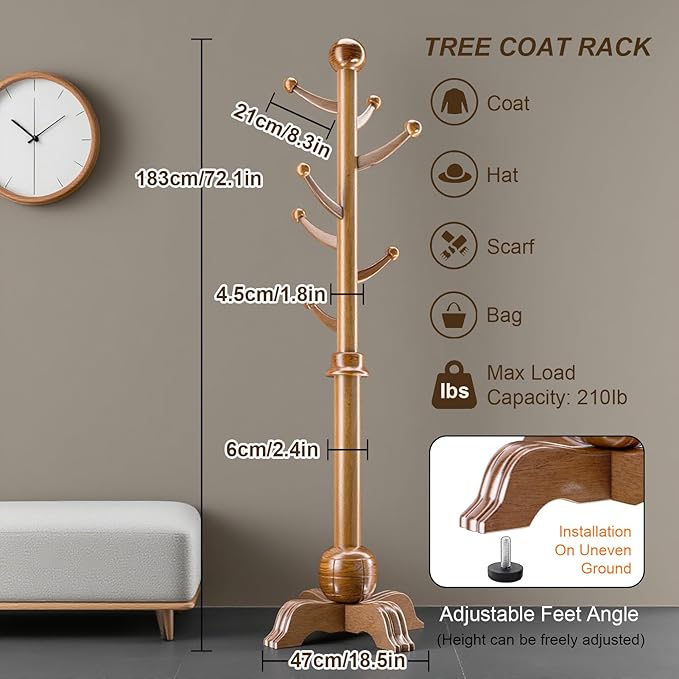 Hall Tree, Freestanding Wood Tree Rack with 7 Hooks, Coat Rack with Stable Sphere Base, Wooden Coat Rack Stand, Load 210 lb, Coat Hanger Stand for Entryway, Hallway, Bedroom (Natural)