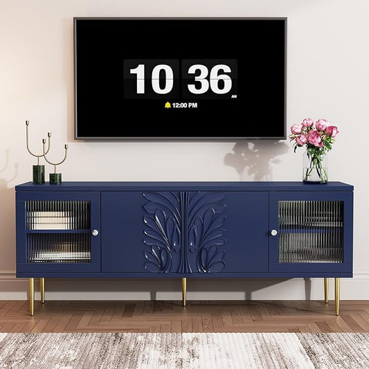 TV Stand for TVs up to 75 Inches, Mid Century Modern Entertainment Center with 3D Flower Pattern, Wood Media Console with 2 Fluted Glass Doors, Storage Cabinet for Living Room, Blue