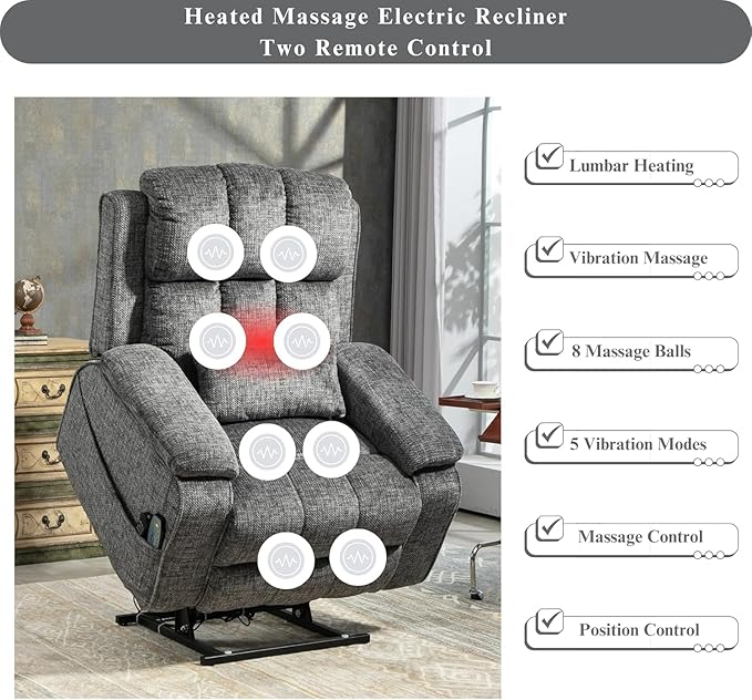 Power Lift Recliner Chairs for Elderly - Infinite Position Lay Flat Recliner with Heat & Massage Side Storage Cup Holder - USB Type C Charging - Dual Motor Lift Chair 400 lbs