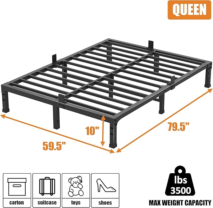 FUIOBYVV Queen Bed Frame,10 Inch Low-Profile Metal Platform with Steel Slats 3500lbs Support,No Box Spring Needed,Non-Slip Mattress Stopper,Underbed Space,Quiet and Sturdy,Easy Assembly